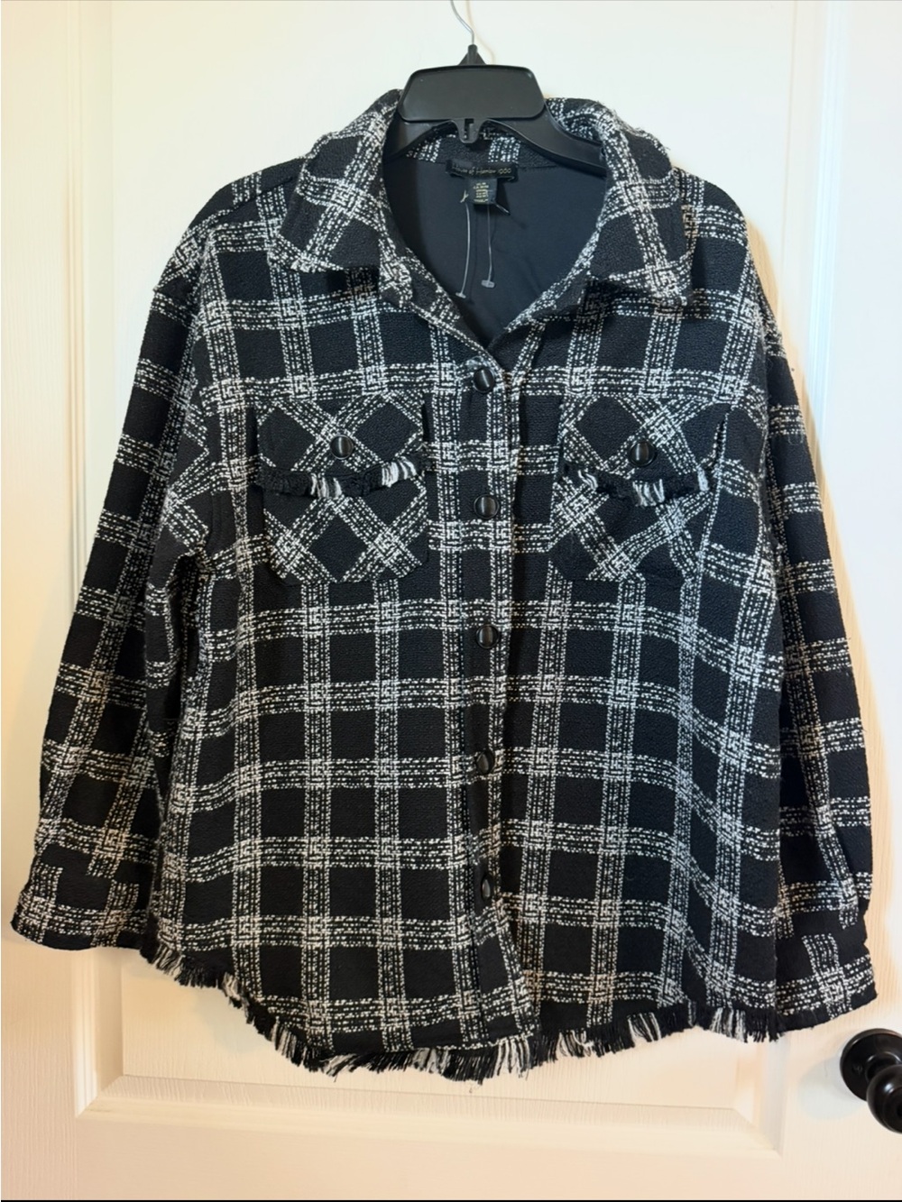 House of Harlow 1960 Black & White Plaid Fringe w/Pocket Shacket - Size S/M